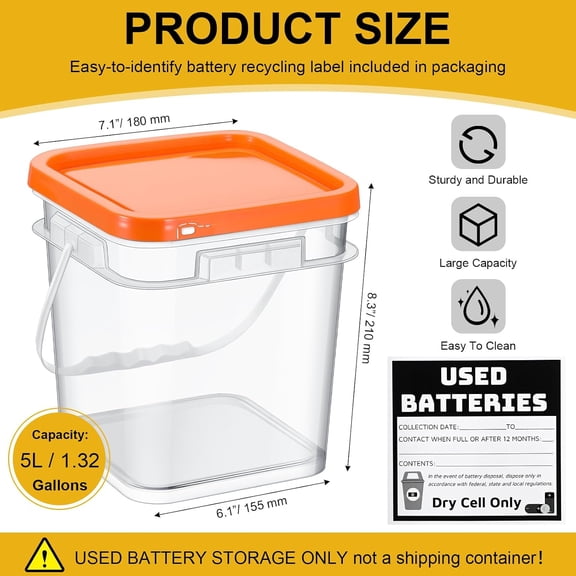 BDIUA-Battery Disposal Container Battery Recycling Container 1.32 Gallons Capacity Dry Cell Storage Recycling Bin with Label(Orange,Square)