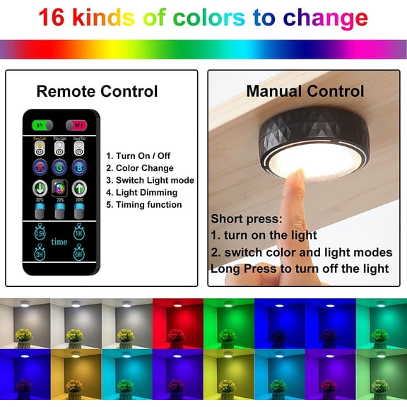 BDIUA-Battery Operated Under Cabinet Lighting with Remote, Wireless LED Puck Lights Color Changing with Timer, Stick On Closet Lights for Kitchen Cabinets Shelf Display - 2 Pack Black