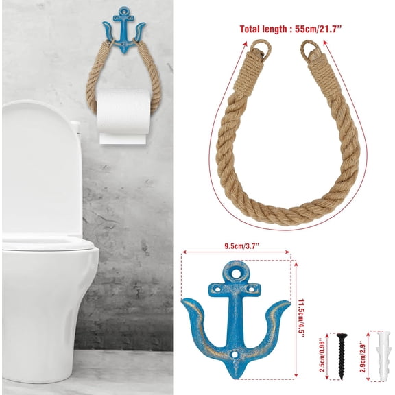 BDIUA-Beach Nautical Toilet Paper Roll Holder Coastal Wall-Mounted Rope Towel Holder with Metal Hook for Bathroom Decor Accessories, Natural Rustic Jute Rope with Anchor Pirate Seaside Themed (Blue)
