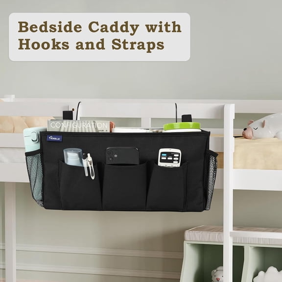 BDIUA-Bedside Organizer with Hook Bedside Caddy Hanging Storage Bag with Adjustable Straps and Water Bottle Holder for Home College Dorm Bunk Bed Accessories, Crib Bed Rails, Hospital Bed, Black