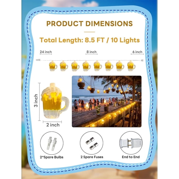 BDIUA-Beer Mug String Light, 8.5Ft Tropical Beach Theme Outdoor Decorations Beer String Lights with 10 3D Beer Cup Lights, Plug in Beer Fairy Lights for Summer Themed Bar Party Bedroom Decor