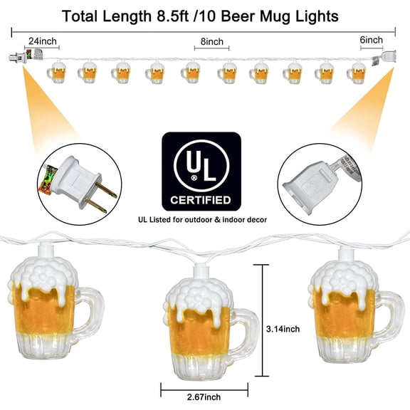 BDIUA-Beer Mug String Lights Celebration Decor Lights, 8.5Ft Outdoor Tropical Lights with 10 3D Beer Cup Lights, Creative String Lights for Summer Themed Bar Party Bedroom Wedding Graduation Club Dec