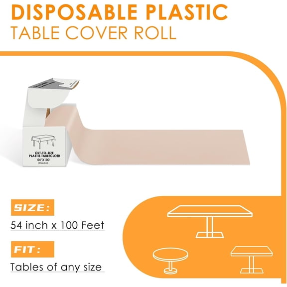 BDIUA-Beige Disposable Plastic Table Cloth Roll 54" X 100', Plastic Table Cover with Cutter Box, Cut to Size Disposable Tablecloth for Parties