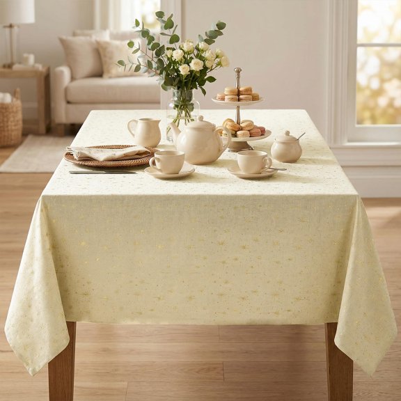 BDIUA-Beige Rustic Tablecloth, Gold Star Glitter Metallic Foil Table Cloth, 6084 Inch Rectangular, Washable Stain-Resistant Farmhouse Table Cover for Party Wedding Birthday