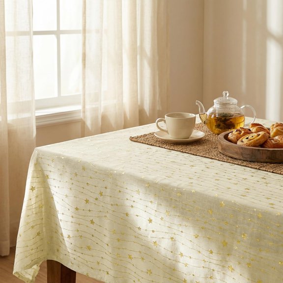 BDIUA-Beige Rustic Tablecloth, Gold Star Glitter Metallic Foil Table Cloth, 6084 Inch Rectangular, Wrinkle Stain-Resistant Table Cover for Kitchen/Parties/Weddings Settings