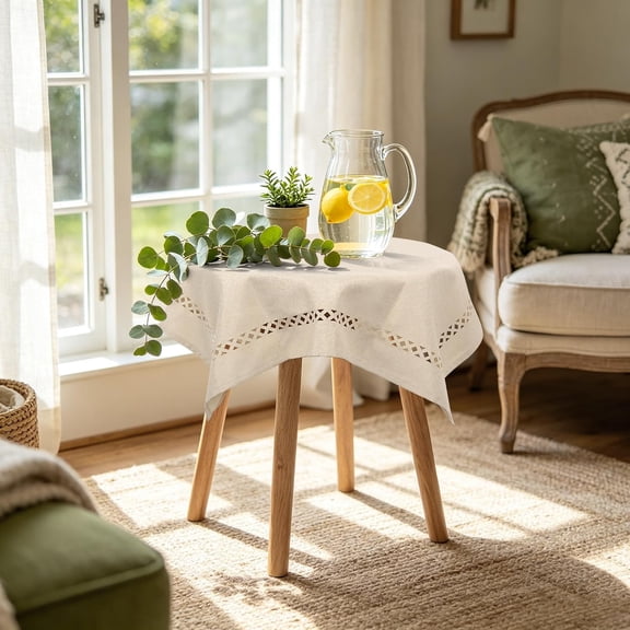 BDIUA-Beige Small Square Tablecloth 24 x 24 inch, Rustic Farmhouse Linen Textured Table Cloth with Decorative Cutouts, Coffee Table Cover for Nightstand, End Table Home Decor, Washable
