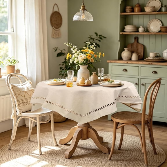 BDIUA-Beige Square Tablecloth 36 x 36 Inch, Small Farmhouse Linen Textured Table Cloth with Decorative Cutouts, Dresser Cover top, Rustic Coffee Table Cover, Washable Card Table Overlay Home Decor
