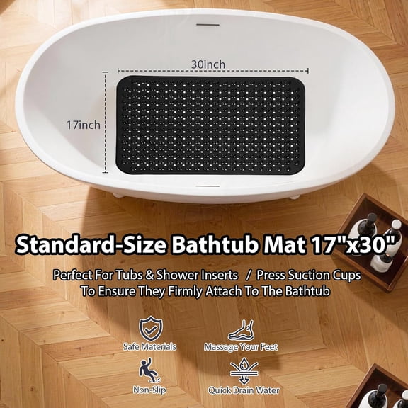 BDIUA-Black Bathtub Mat Shower Mat Non Slip 17x30 Inch Standard Size, Soft Bubble Bath Tub Mat Shower Mats for Inside Shower Bathroom Floor Mat with Big Suction Cups & Drain Holes, BPA-Free