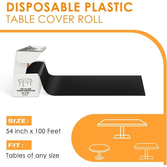 BDIUA-Black Disposable Plastic Table Cloth Roll 54" X 100', Plastic Table Cover with Cutter Box, Cut to Size Disposable Tablecloth for Parties