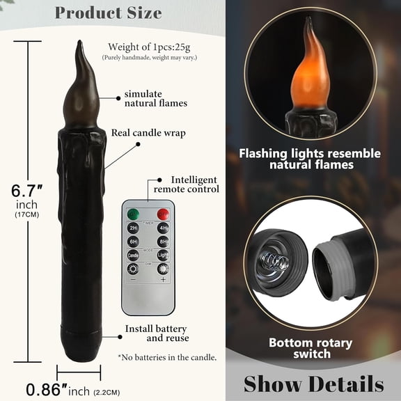 BDIUA-Black Flameless Short Taper Candles, Real Wax Hand Dipped LED Battery Operated with Remote, Flickering Flame Lights for Festival Party Home Dcor, 6.7 Inch Primitive Flameless Candles, 2PCS