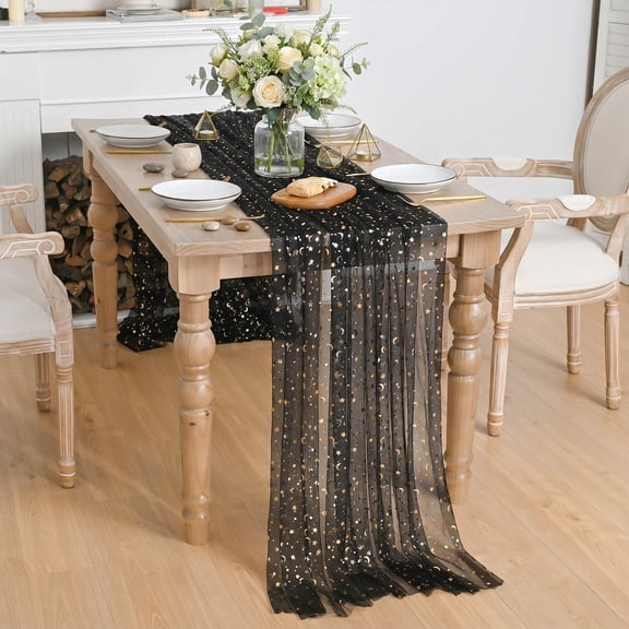 BDIUA-Black Gold Gauze Tablecloth 60120 Inch Rectangular, Golden Star Moon Glitter Metallic Foil Thin Mesh Table Cloth, Sheer Chiffon Tulle Cheesecloth for Home Party Holiday Decor