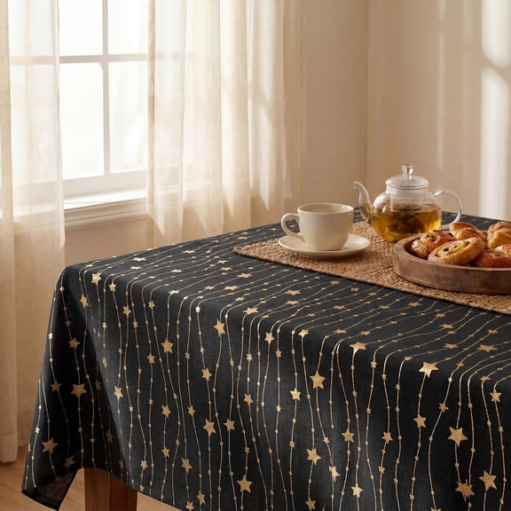 BDIUA-Black Rustic Tablecloth, Gold Star Glitter Metallic Foil Table Cloth, 6084 Inch Rectangular, Wrinkle Stain-Resistant Table Cover for Kitchen/Parties/Weddings Settings