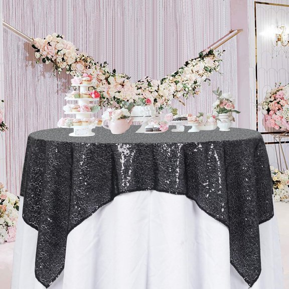 BDIUA-Black Tablecloths 36X36 Inch 2 Pieces Sequin Table Cloth for Party Sparkle Table Cloths Square Shimmer Table Overlay Small Wedding Birthday Halloween Tables Linen