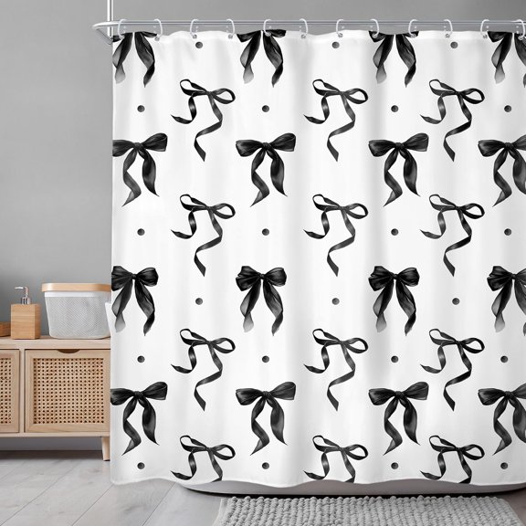 BDIUA-Black White Bow Shower Curtain 72Wx72L Inch Coquette Bownot Cute Girly Modern Retro Vintage Black Bathroom Accessories Set Teen Girls Women Aesthetic Waterproof Bath Decoration Home Decor