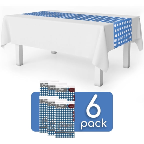BDIUA-Blue Gingham 6 Pack Checkered Premium Disposable Plastic Table Runner 14 x 108 Inch. Table Runner for Dinner Parties & Events by
