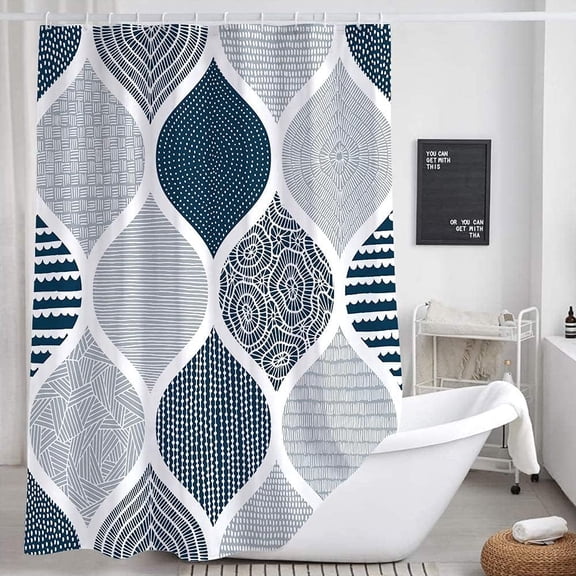 BDIUA-Blue and Grey Camper RV Shower Curtain for Travel Trailer Bathroom, Bohemian Chic Camping Small Narrow Shorter Fabric Shower Curtains Set, Happy Camp Outdoor Decor Accessories with Hooks 47X64