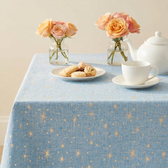 BDIUA-Blue Rustic Tablecloth, Gold Star Glitter Metallic Foil Table Cloth, 60120 Inch Rectangular, Washable Stain-Resistant Farmhouse Table Cover for Party Wedding Birthday