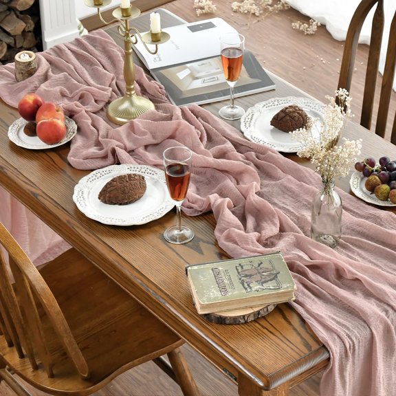 BDIUA-Boho Cheesecloth Gauze Dusty Pink Wedding Table Runner, 160 Inch Seasonal Fabric Kitchen Dining Holiday Table Decor for Home Party Indoor