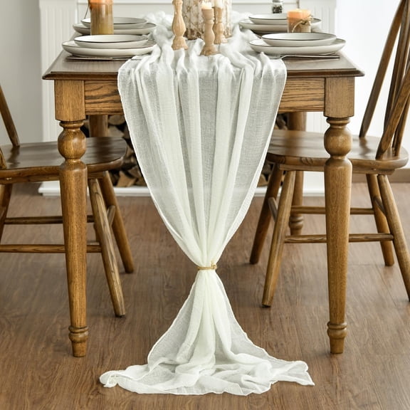 BDIUA-Boho Cheesecloth Gauze Ivory Wedding Table Runner, 160 Inch Seasonal Fabric Kitchen Dining Holiday Table Decor for Home Party Indoor