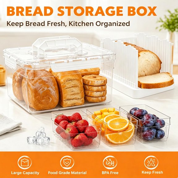 BDIUA-Bread Box with Slicer & Ice Chilled Condiment Caddy, Portable Airtight Bread Storage Container with Lid Handle for Kitchen Counter, Bread Keeper for Homemade Bread,Toast, Bagel, Cookies, White