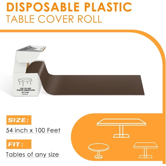 BDIUA-Brown Disposable Plastic Table Cloth Roll 54" X 100', Plastic Table Cover with Cutter Box, Cut to Size Disposable Tablecloth for Parties
