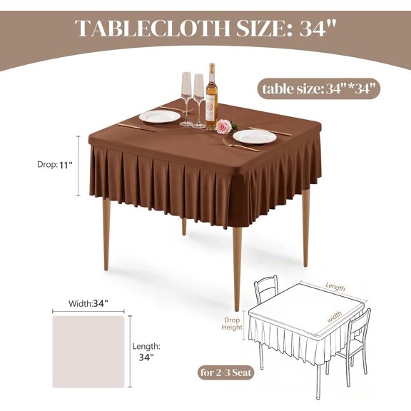 BDIUA-Brown Spandex Tablecloths for 34x34 Inch Square Tables, Stretch Fitted Table Clothes with Pleated Ruffle Skirt for 34 Table, Wrinkle Free and Elastic, for Party Kitchen Home Dining