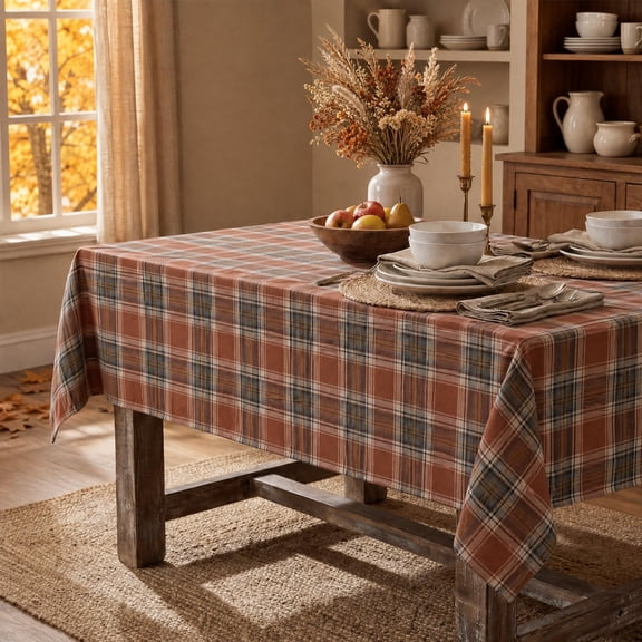 BDIUA-Buffalo Plaid Fall Tablecloth 5584 Inch Rectangular, Caramel Checkered Table Cloth, Washable Farmhouse Table Decor for Autumn Thanksgiving Day
