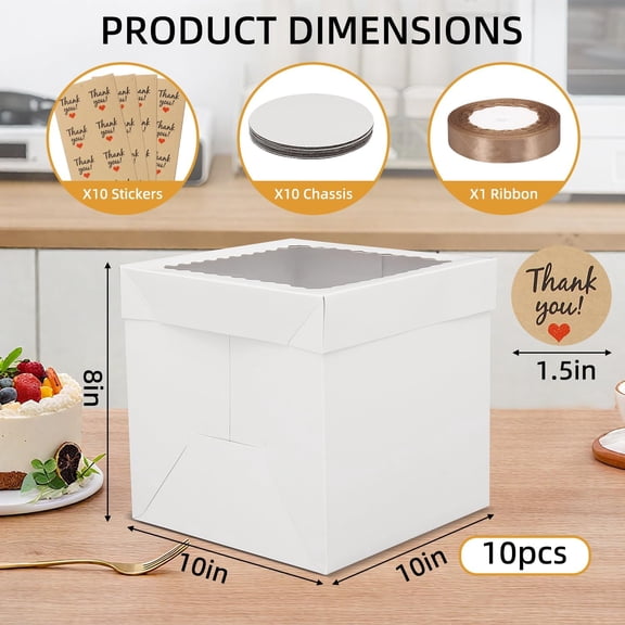 BDIUA-Cake Boxes, 10pcs Tall Cake Box with Window, White Bakery Boxes,10x10x8 Inches Large Baking Boxes, Square Cardboard Cake Box for Multi-Layer Cakes, Cake Decorating Supplies for Gift Giving