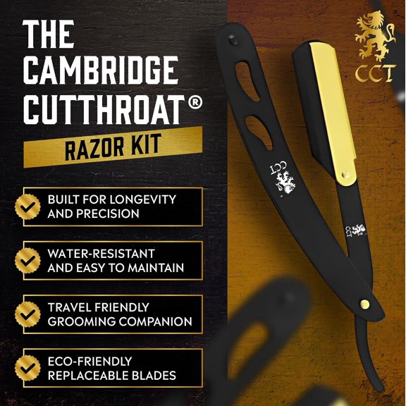 BDIUA-Cambridge Cutthroat Open Blade Razor for Men - Black & Gold Stainless Steel Handle, Swing-Lock Single Edge Cut Throat Razor with Leather Travel Pouch, Beard Shaping & Wet Shaving (10 Blades Inc