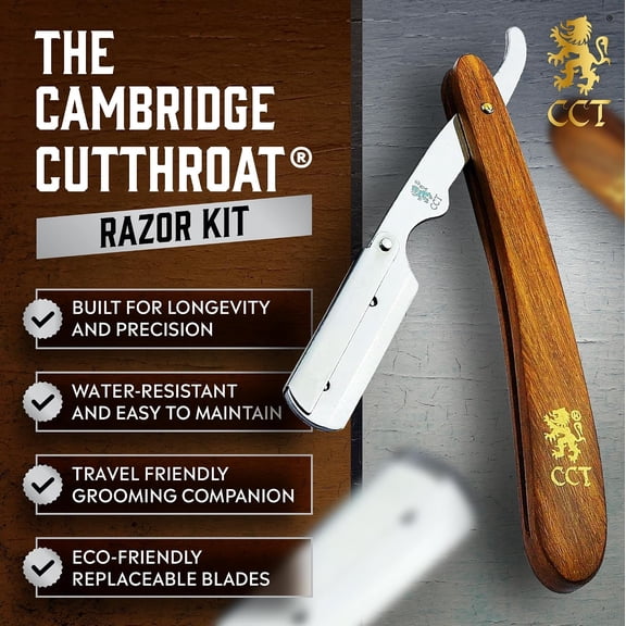 BDIUA-Cambridge Cutthroat Open Blade Razor for Men - Stainless Steel Handle, Swing-Lock Single Edge Cut Throat Razor with Leather Travel Pouch, Beard Shaping & Wet Shaving (10 Blades Included)