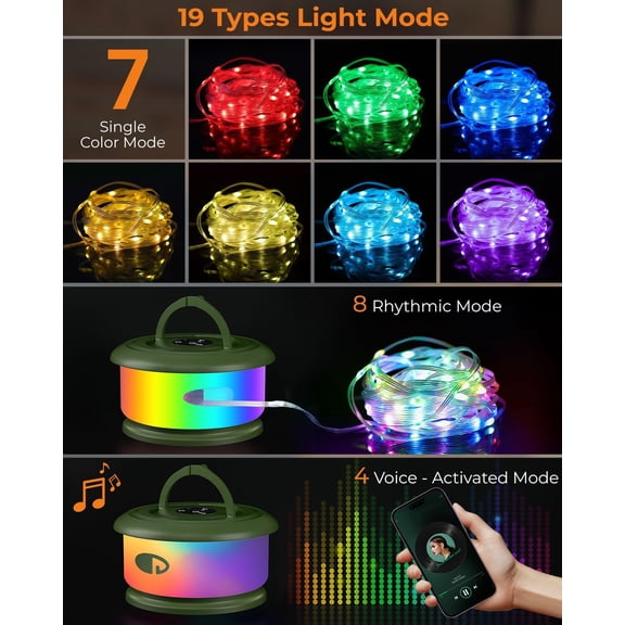 BDIUA-Camping String Lights, Retractable 32.8ft RGB Flash Lamp, Rechargeable Fairy LED Rope Lights Outdoor Waterproof, Portable Hanging Lantern for Outside Tent Patio Awning Garden RV Essentials