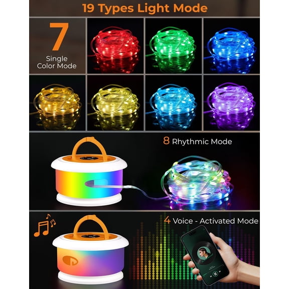 BDIUA-Camping String Lights, Retractable 32.8ft RGB Flash Lamp, Rechargeable Fairy LED Rope Lights Outdoor Waterproof, Portable Hanging Lantern for Outside Tent Patio Awning Garden RV Essentials