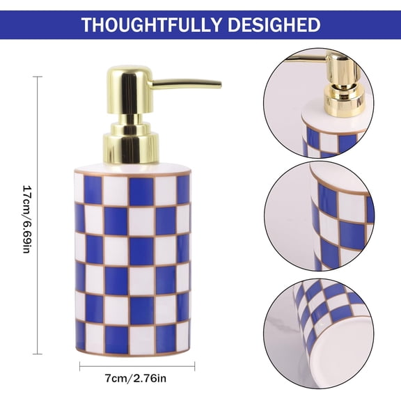 BDIUA-Checkered Bathroom Soap Dispenser,Gold Pump Ceramic Soap Dispenser,Kitchen Checkerboard Empty Pump Bottle,Bath Countertop Storage Organizer,Checkered Bathroom Decor (Blue)