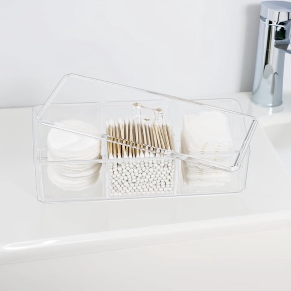 BDIUA-Clear Bathroom Dresser Organizer - Cotton Ball Swab Holder with 3 Divided Compartments&Lid, , Waterproof Transparent Small Plastic Storage Containers, Vanity Makeup Organization
