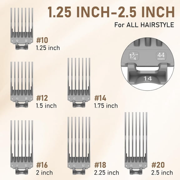 BDIUA-Clipper Guards 1.25", 1.5", 1.75", 2", 2.25" & 2.5" Compatible with Most Wahl Clippers, Extra Long Professional Hair Clipper Combs Guides 10 12 14 16 18 20, Gray