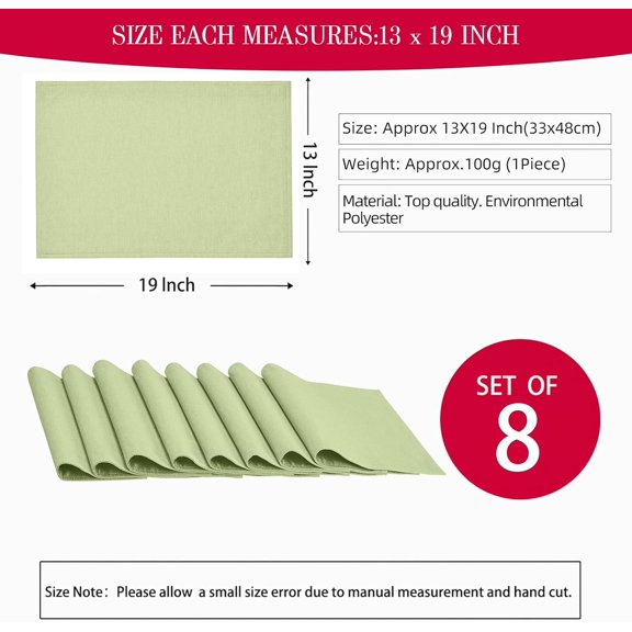 BDIUA-Cloth Place Mats Set of 8Reusable Rectangular Waterproof Fabric Polyester Washable Wipeable Heat Resistant Linen for Kitchen Dining Dinner Restaurant Wedding Table(Mint Green/13x19 Inch)