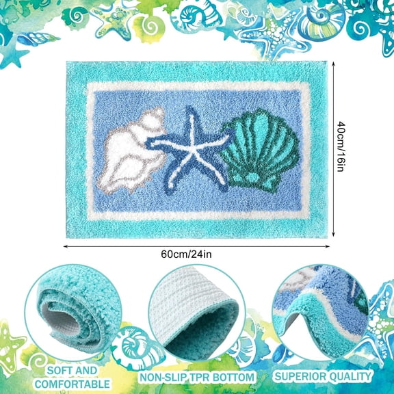 BDIUA-Coastal Beach Bathroom Rug Seashells Starfish Bath Mat Soft Fluffy Absorbent Nautical Bath Mat Non Slip Washable Beach Rug for Bathroom Decor Indoor Outdoor Entrance Welcome Doormat, 16" x 24"