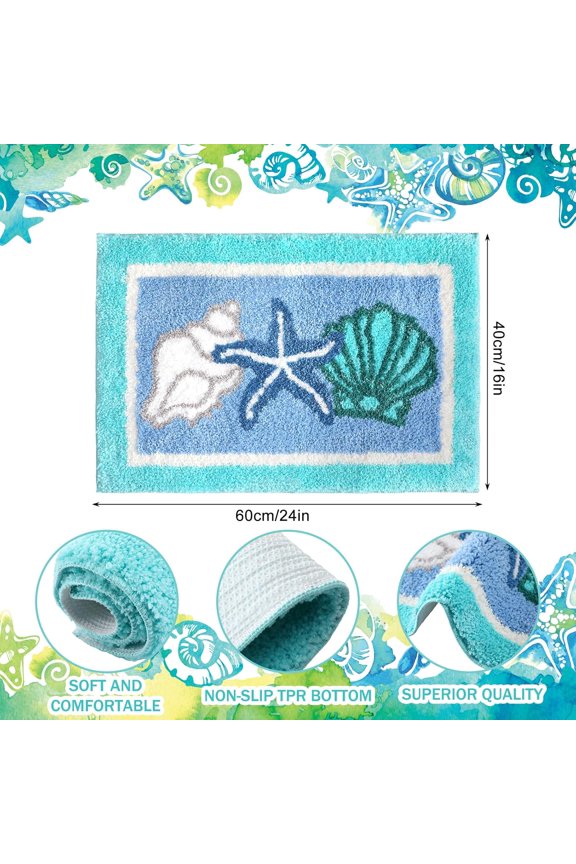 -Coastal Beach Bathroom Rug Seashells Starfish Bath Mat Soft Fluffy Absorbent Nautical Bath Mat Non Slip Washable Beach Rug for Bathroom Decor Indoor Outdoor Entrance Welcome Doormat, 16" x 24"