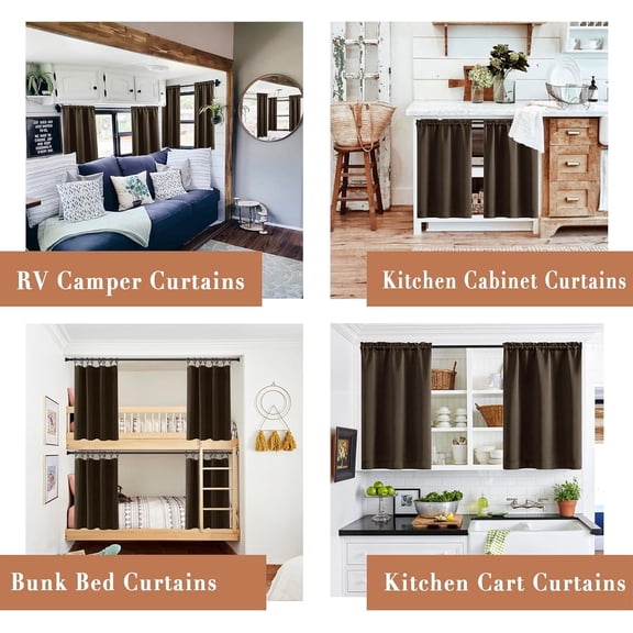 BDIUA-Coffee Brown Curtains for Kitchen Window,Small Blackout Waterproof Western 2 Panels Rod Pocket Cafe Tier Front Back Door Window Covering Shades for Bathroom Bedroom,24 Inches Long,Dark Chocolat