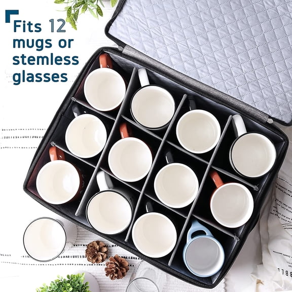 BDIUA-Coffee Mug Storage, Quilted and Stackable Coffee Cup Storage Organizer for Service of 12, Mug Storage Box with Dividers, Mug China Storage Containers Hard Shell for Moving and Seasonal Storage