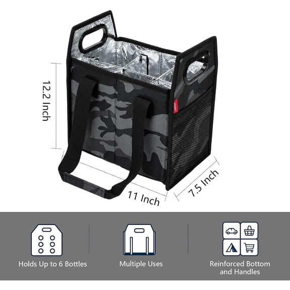 BDIUA-Collapsible 12 Bottle Wine Carrier with Dividers Reusable Portable Wine Tote Bag Handles Strap, Durable Wine Storage Box for Travel, Moving, Picnic, Grocery Shopping (Black Gray Camo, 6 Bottle)