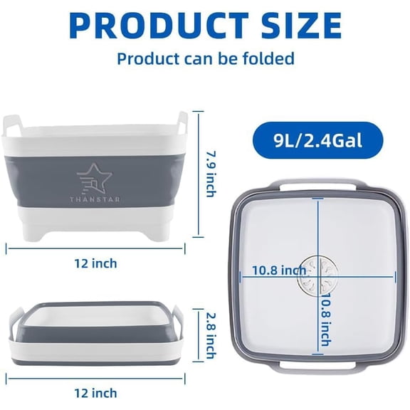 BDIUA-Collapsible Wash Basin, 9L/2.4Gal Foldable Sink with Drain Plug, 2-in-1 Dish Drying Rack & Storage Bucket, Portable Washing Bin for Kitchen/Camping/RV, BPA Free PP, Space-Saving Design, Gray