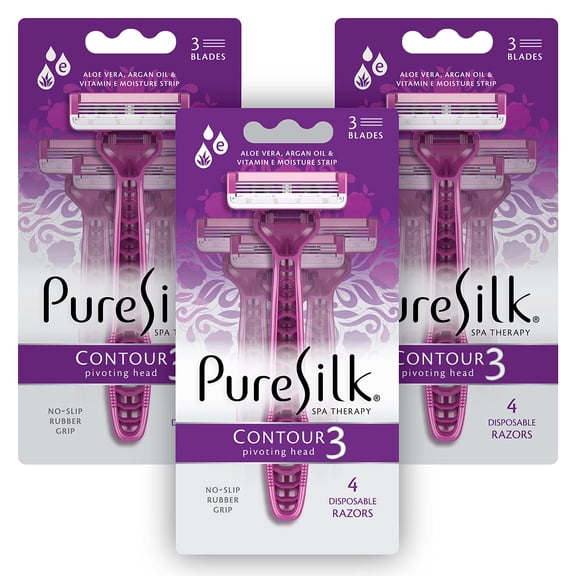 BDIUA-Contour 3 Disposable Razors for Women | 3-Blade Premium Razor Value Pack | Pivoting Head, Dual Moisture Bars Infused with Aloe, Vitamin E, Argan Oil | 3 Packs (12 Total Razors)