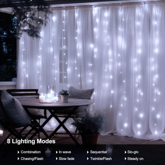 BDIUA-Curtain Lights Battery Operated, 9.8Ft x 9.8ft 300 LED Curtain String Light with Remote Timer 8 Modes Hanging Lights for Wedding Party Home Garden Wall Decor (Cool White)