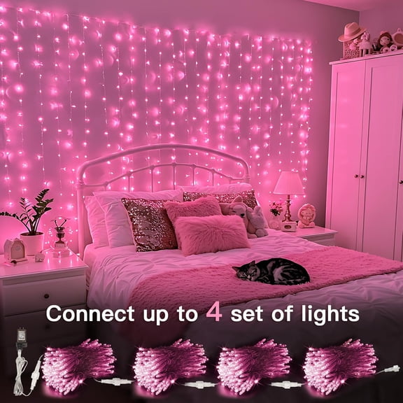 BDIUA-Curtain Lights for Bedroom, 300 Led 9.8ft x 9.8ft Hanging String Lights Outdoor, Fairy Curtain Lights for Backdrop, Window, Wall, Wedding, Party,Birthday Decoration,Pink
