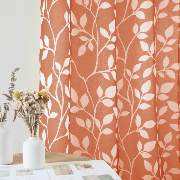 BDIUA-Curtains 36 Inch Length for Kitchen Window Set of 2 Panels,Short Sheer Cafe White Leaf Print Pattern Design Small Curtain for Bathroom,Rust Burnt Orange