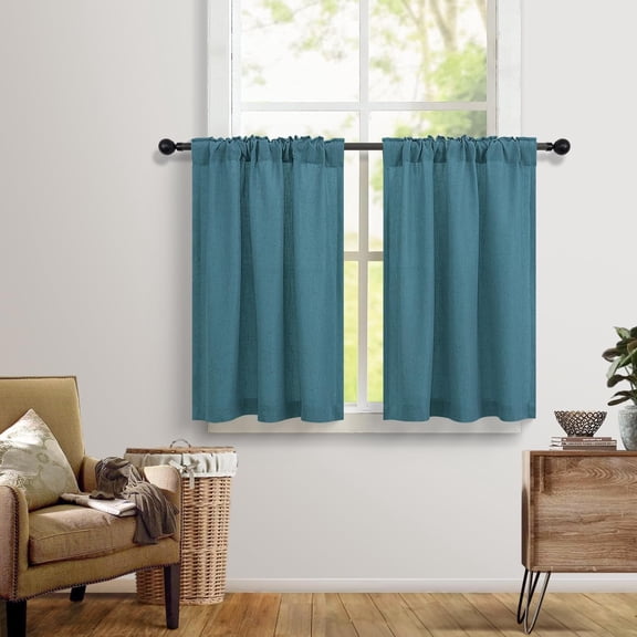 BDIUA-Dancurton Turquoise Farmhouse Kitchen Curtains Over Sink 30 Inch Length for Small Window 2 Panel Back Tab Pocket Linen Cafe Tier Opaque Lightweight Short Dark Teal Blue Curtain for Bathroom Doo