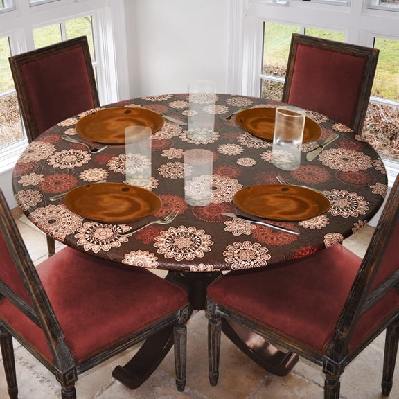 BDIUA-Deluxe Elastic Edged Flannel Backed Vinyl Fitted Table Cover - Medallion Pattern - Large Round Oblong Oval - Fits Tables up to 45" - 56" Diameter