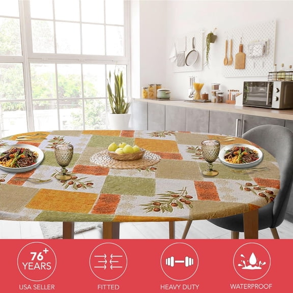 BDIUA-Deluxe Elastic Edged Flannel Backed Vinyl Fitted Table Cover - Olive Patch Pattern - Large Round Oblong Oval - Fits Tables up to 45" - 56" Diameter