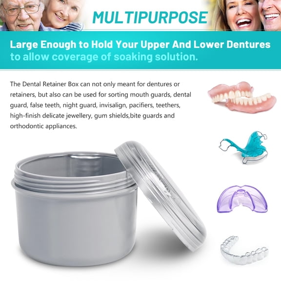 BDIUA-Denture Case with Denture Brush, No Leak Denture Bath Box, Denture Travel Case, Denture Cup with Basket for Soaking Dentures (grey)
